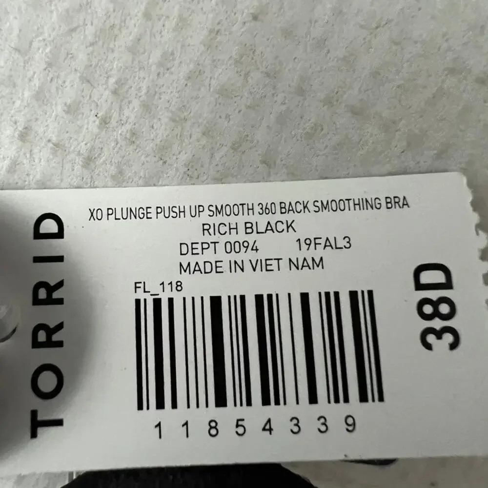 Torrid XO Plunge Push Up 360 Back Smoothing Bra Black Size 38D NEW‎